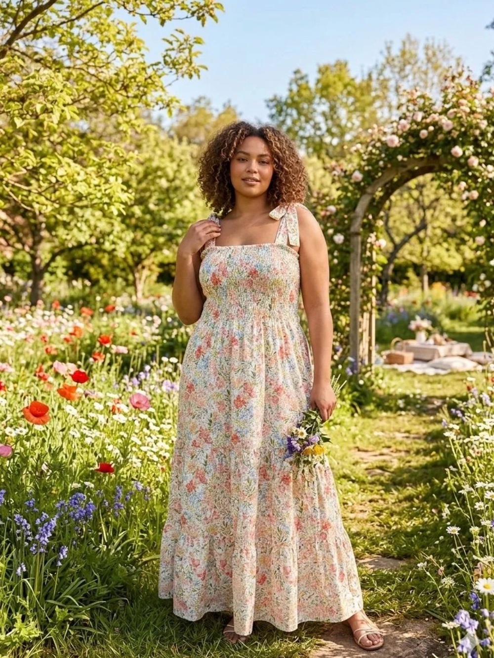 Floral Tie-Shoulder Maxi Dress in Cream